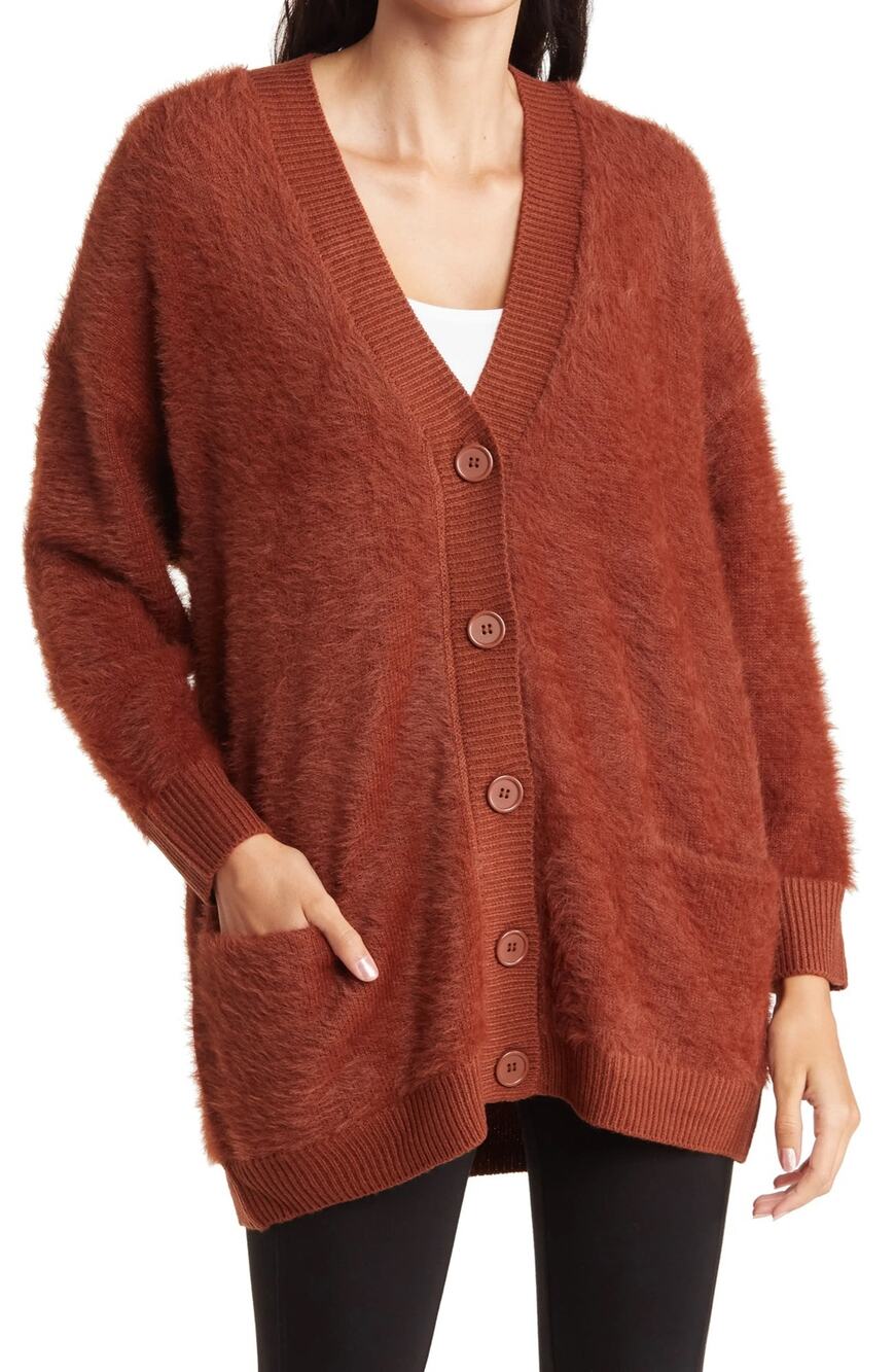 Tahari | Burnt Orange Eyelash Cardigan Sweater Medium Fuzzy Plush